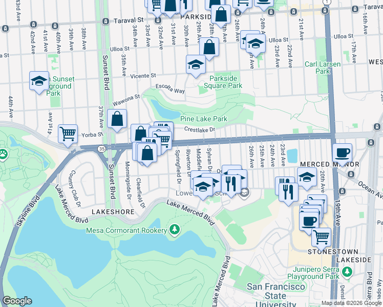 map of restaurants, bars, coffee shops, grocery stores, and more near 32 Riverton Drive in San Francisco