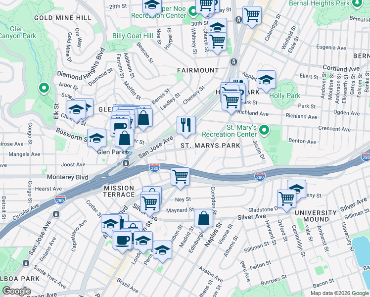 map of restaurants, bars, coffee shops, grocery stores, and more near Bosworth St & Cuvier St in San Francisco