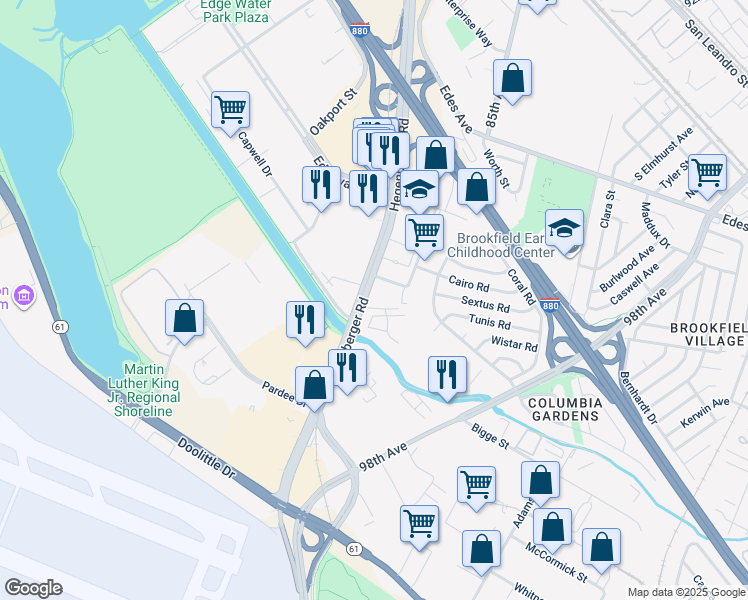 map of restaurants, bars, coffee shops, grocery stores, and more near 296 Hegenberger Road in Oakland