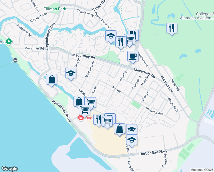 map of restaurants, bars, coffee shops, grocery stores, and more near 3200 Fir Avenue in Alameda