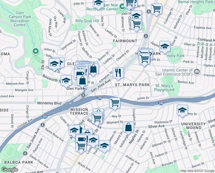 map of restaurants, bars, coffee shops, grocery stores, and more near 2 Rousseau Street in San Francisco