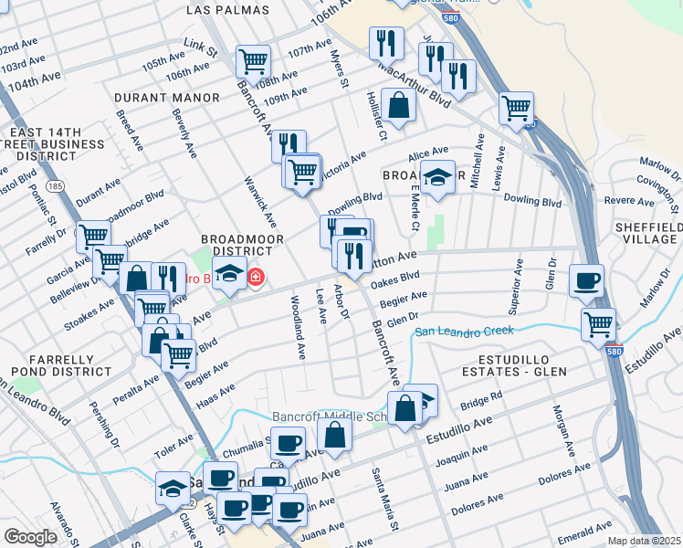 map of restaurants, bars, coffee shops, grocery stores, and more near 600 Bancroft Avenue in San Leandro