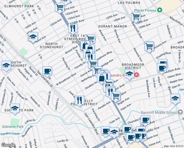 map of restaurants, bars, coffee shops, grocery stores, and more near in San Leandro