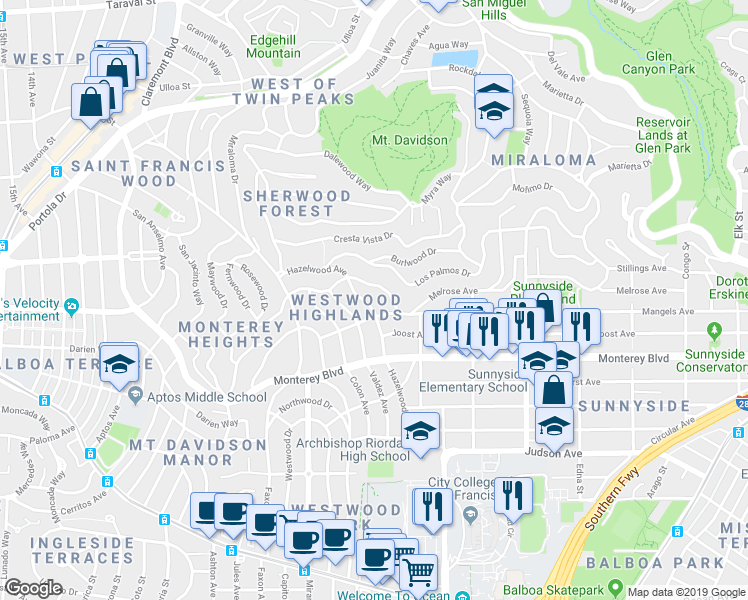map of restaurants, bars, coffee shops, grocery stores, and more near 61 Brentwood Avenue in San Francisco