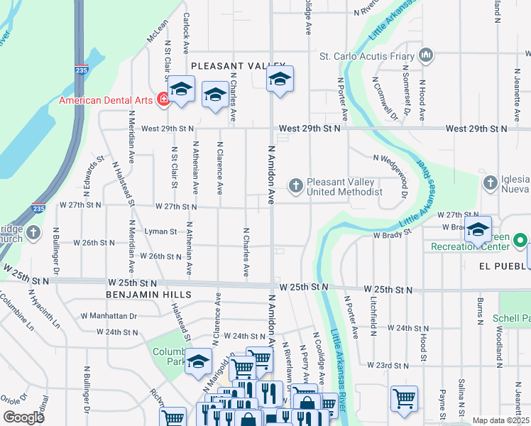 map of restaurants, bars, coffee shops, grocery stores, and more near 2749 North Amidon Avenue in Wichita