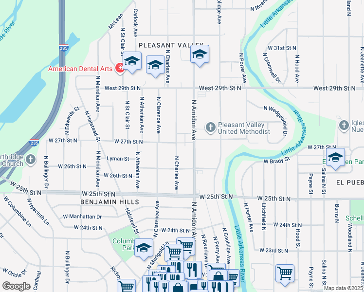 map of restaurants, bars, coffee shops, grocery stores, and more near 2749 North Amidon Avenue in Wichita