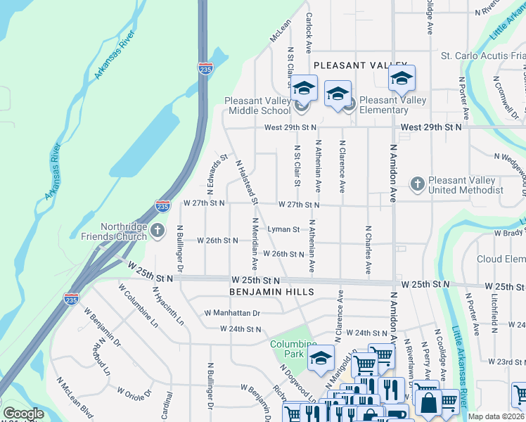 map of restaurants, bars, coffee shops, grocery stores, and more near 2400-2498 West 27th Street North in Wichita