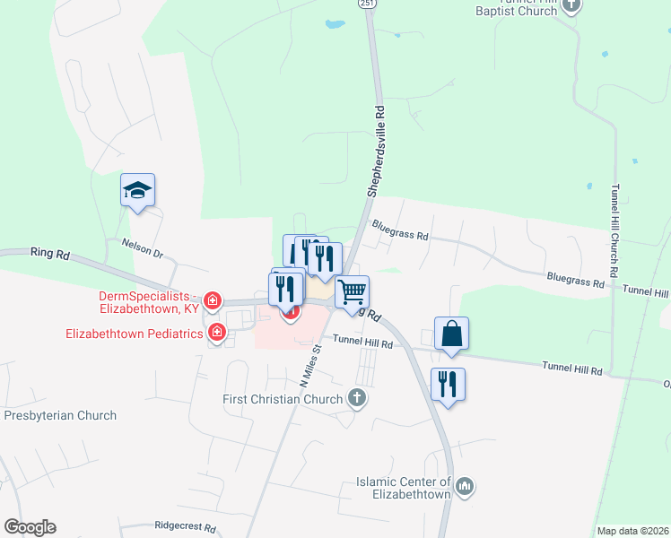 map of restaurants, bars, coffee shops, grocery stores, and more near 2875 Shepherdsville Road in Elizabethtown