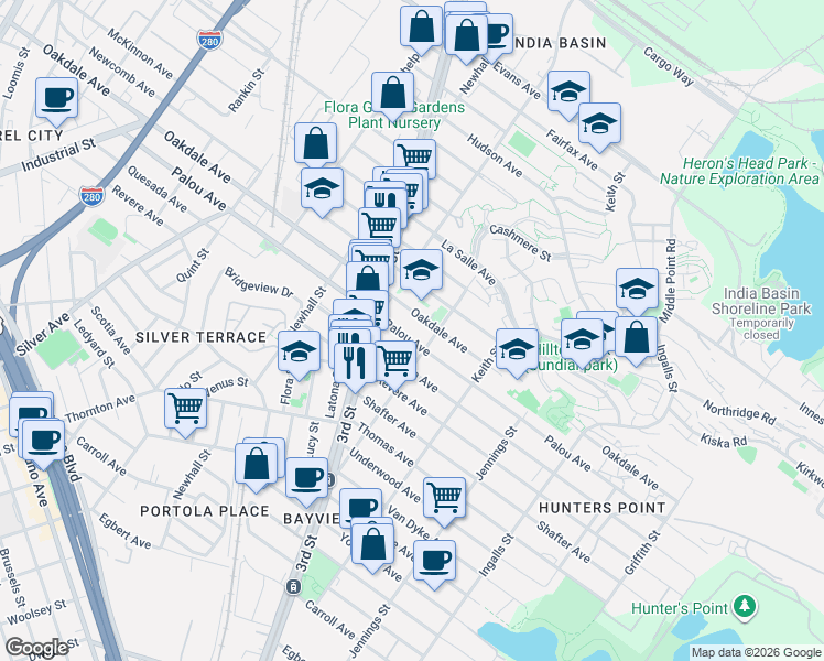 map of restaurants, bars, coffee shops, grocery stores, and more near 1553 Oakdale Avenue in San Francisco