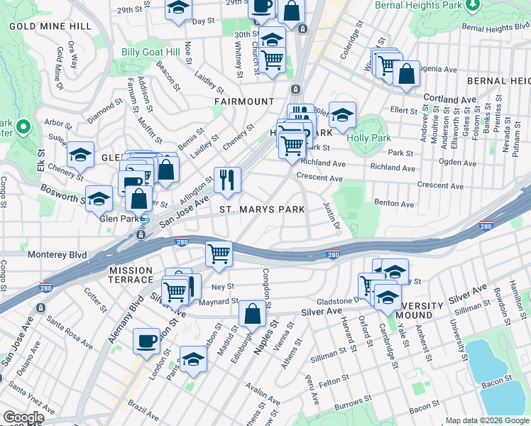 map of restaurants, bars, coffee shops, grocery stores, and more near 3975 Mission Street in San Francisco