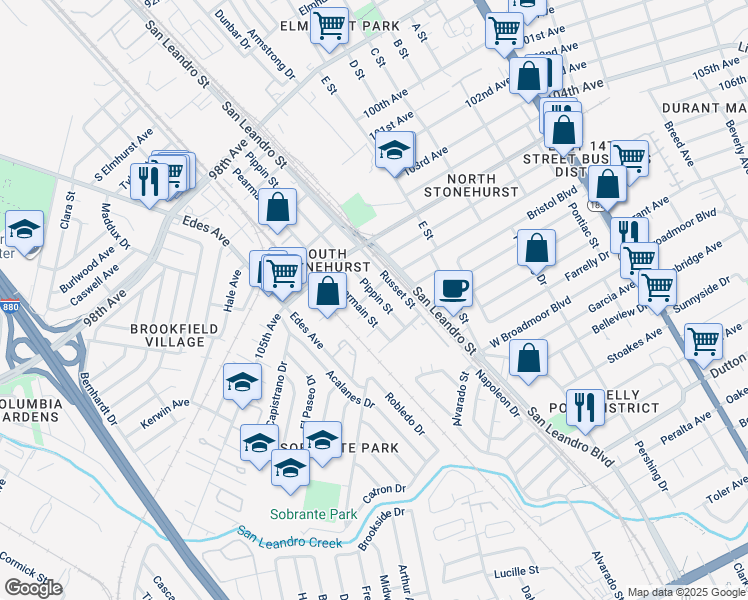 map of restaurants, bars, coffee shops, grocery stores, and more near 10606 Pearmain Street in Oakland