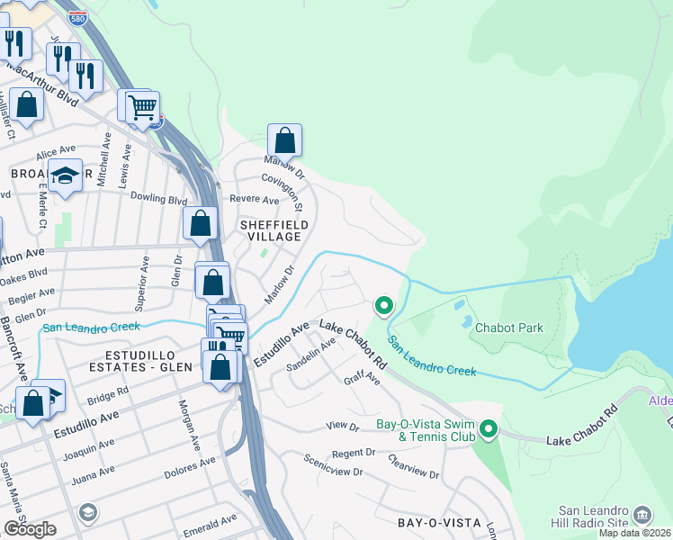 map of restaurants, bars, coffee shops, grocery stores, and more near 1121 Brookvale Drive in San Leandro