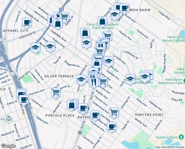 map of restaurants, bars, coffee shops, grocery stores, and more near 1760 Quesada Avenue in San Francisco