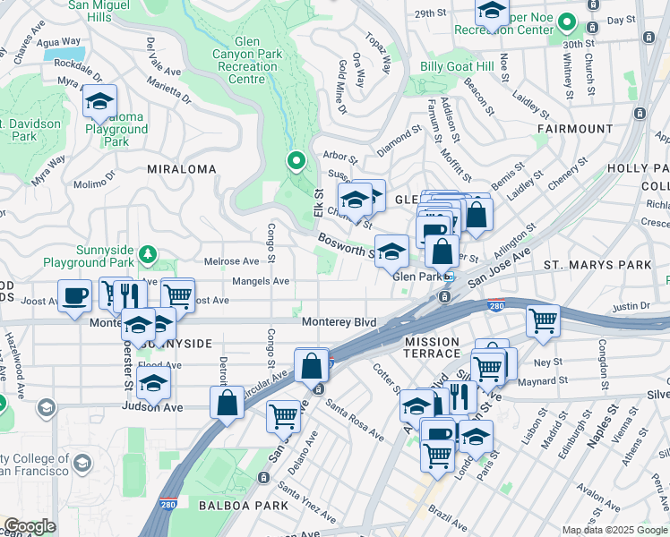 map of restaurants, bars, coffee shops, grocery stores, and more near 2 Martha Avenue in San Francisco