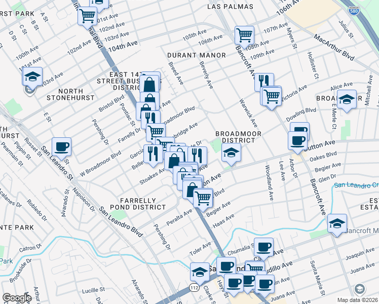 map of restaurants, bars, coffee shops, grocery stores, and more near 125 Sunnyside Drive in San Leandro