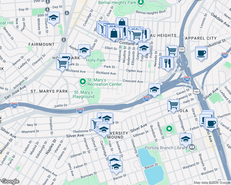 map of restaurants, bars, coffee shops, grocery stores, and more near in San Francisco