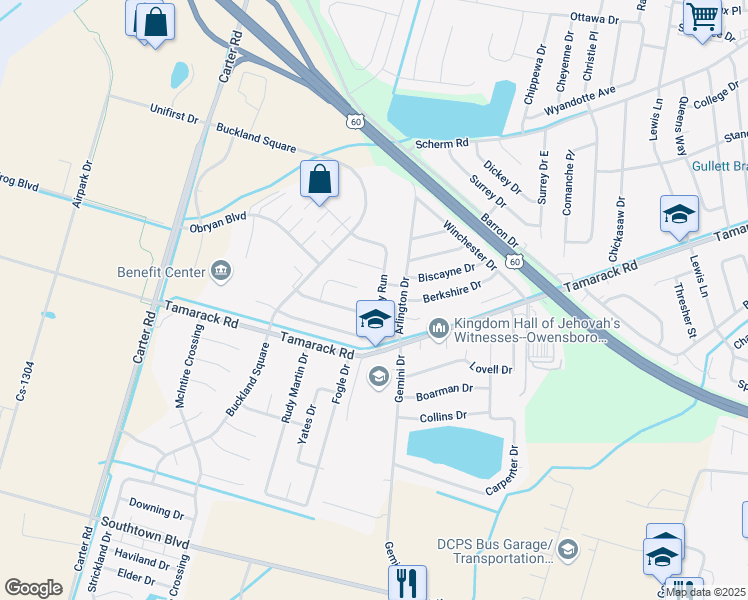 map of restaurants, bars, coffee shops, grocery stores, and more near 3614 Legacy Run in Owensboro