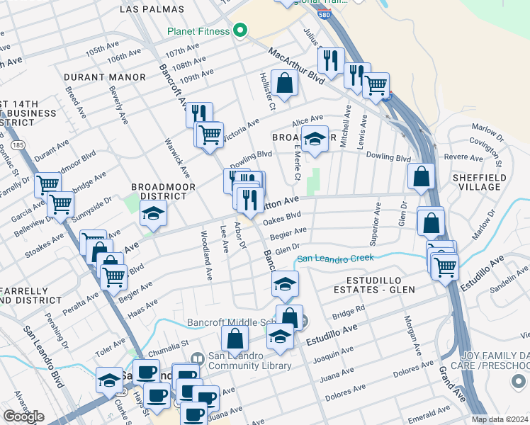 map of restaurants, bars, coffee shops, grocery stores, and more near 667 Dutton Avenue in San Leandro