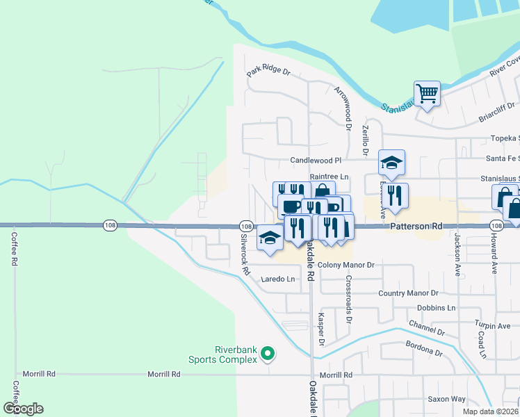 map of restaurants, bars, coffee shops, grocery stores, and more near 2007 Stanley Allen Court in Riverbank