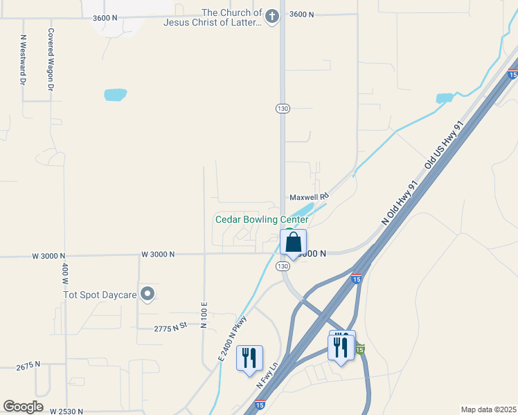 map of restaurants, bars, coffee shops, grocery stores, and more near 275 3100 North in Cedar City