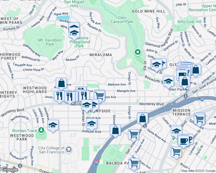 map of restaurants, bars, coffee shops, grocery stores, and more near 126 Melrose Avenue in San Francisco