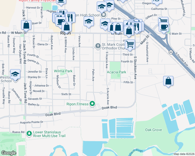 map of restaurants, bars, coffee shops, grocery stores, and more near 644 Orange Avenue in Ripon