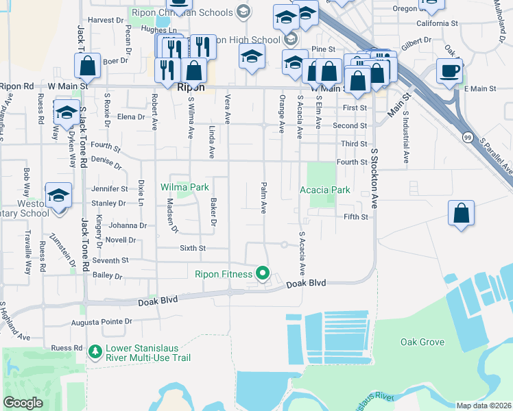 map of restaurants, bars, coffee shops, grocery stores, and more near 649 Palm Avenue in Ripon