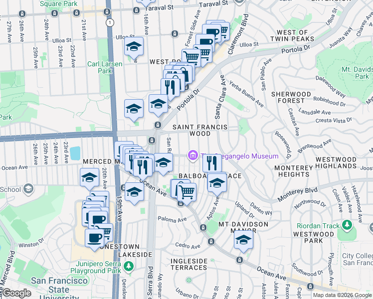 map of restaurants, bars, coffee shops, grocery stores, and more near 140 San Leandro Way in San Francisco