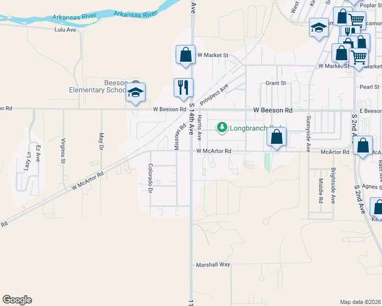 map of restaurants, bars, coffee shops, grocery stores, and more near 1107 South 14th Avenue in Dodge City