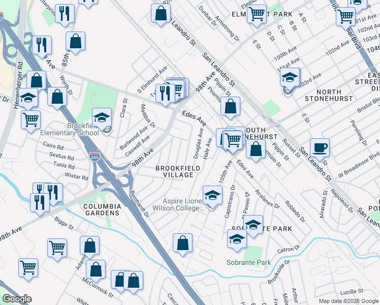 map of restaurants, bars, coffee shops, grocery stores, and more near 443 Stoneford Avenue in Oakland