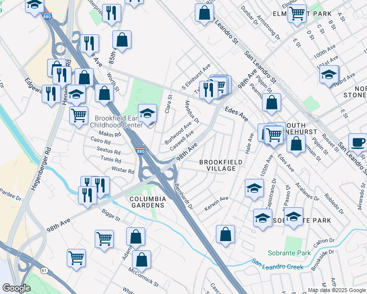 map of restaurants, bars, coffee shops, grocery stores, and more near 361 Caswell Avenue in Oakland