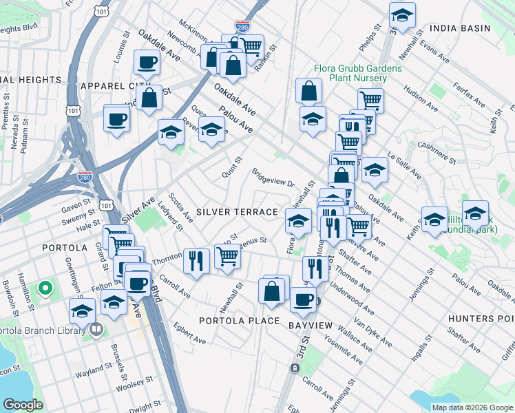 map of restaurants, bars, coffee shops, grocery stores, and more near 342 Bayview Circle in San Francisco