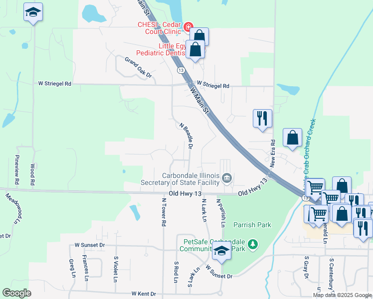 map of restaurants, bars, coffee shops, grocery stores, and more near 510 Lexington Court in Carbondale