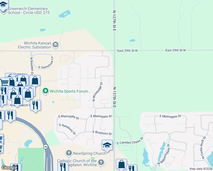map of restaurants, bars, coffee shops, grocery stores, and more near 2725 N 127th Street East in Wichita