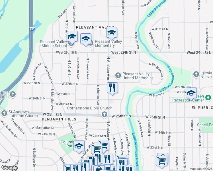 map of restaurants, bars, coffee shops, grocery stores, and more near 2749 North Amidon Avenue in Wichita
