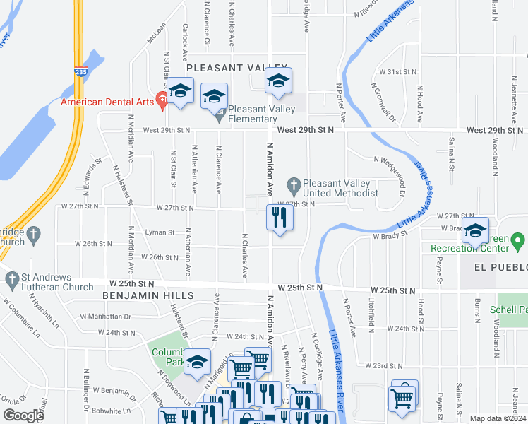 map of restaurants, bars, coffee shops, grocery stores, and more near 2749 North Amidon Avenue in Wichita
