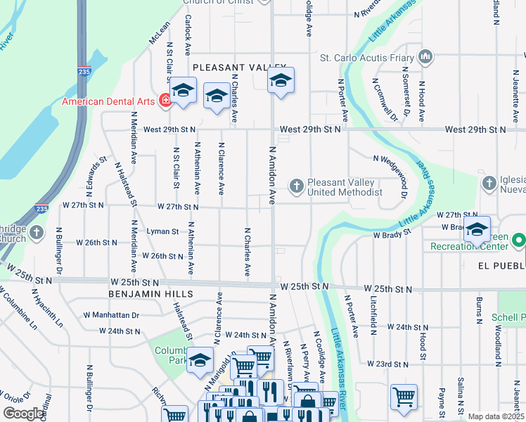 map of restaurants, bars, coffee shops, grocery stores, and more near 2749 North Amidon Avenue in Wichita