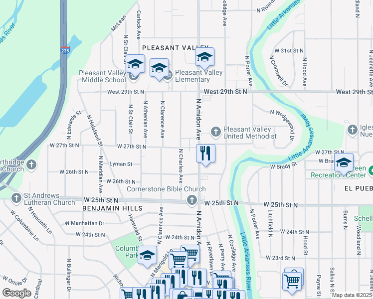 map of restaurants, bars, coffee shops, grocery stores, and more near 2749 North Amidon Avenue in Wichita