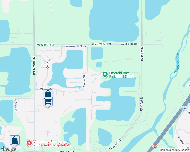 map of restaurants, bars, coffee shops, grocery stores, and more near 4311 Emerald Bay Street in Wichita