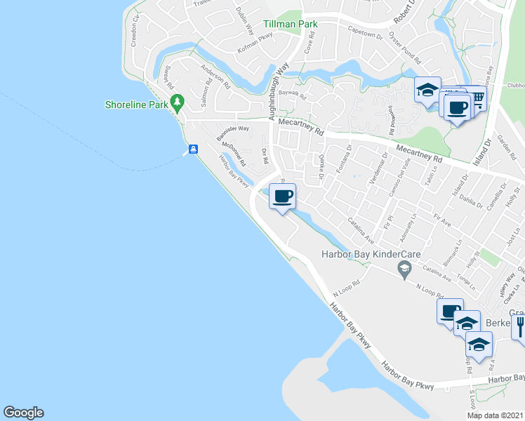 map of restaurants, bars, coffee shops, grocery stores, and more near 2901 Harbor Bay Parkway in Alameda