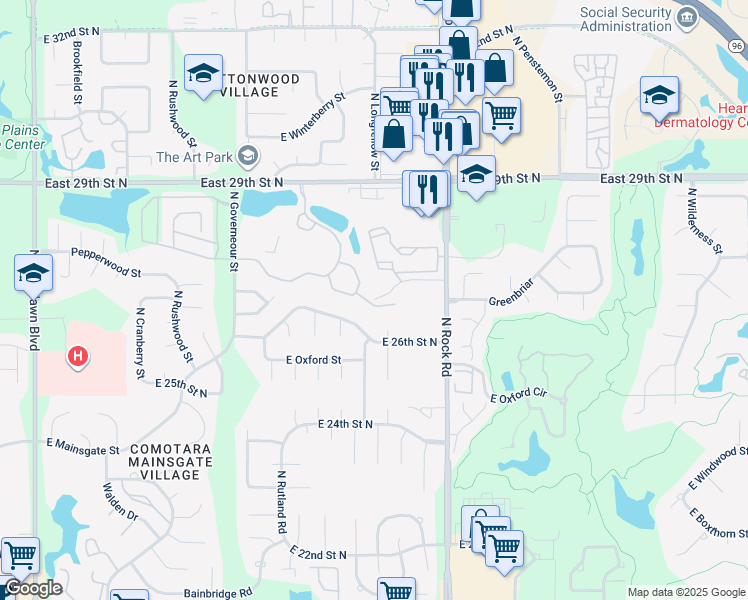 map of restaurants, bars, coffee shops, grocery stores, and more near 7700 East Greenbriar Circle in Wichita