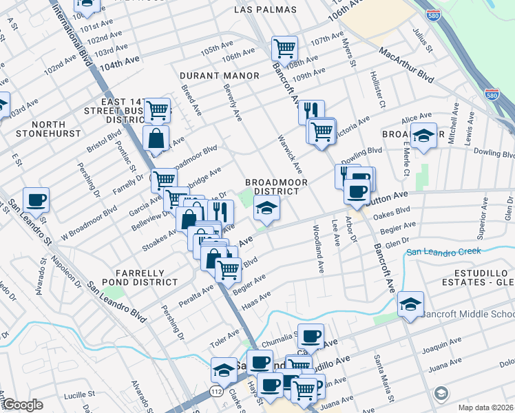 map of restaurants, bars, coffee shops, grocery stores, and more near 425 Breed Avenue in San Leandro