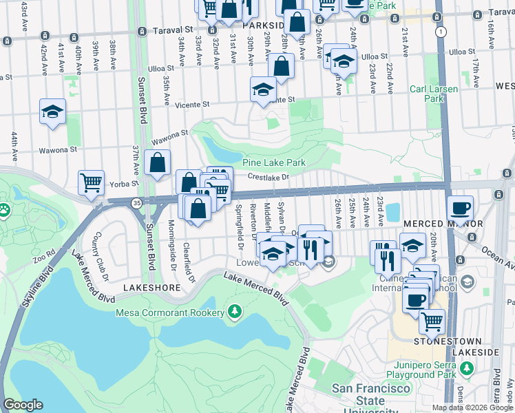 map of restaurants, bars, coffee shops, grocery stores, and more near 2 Riverton Drive in San Francisco
