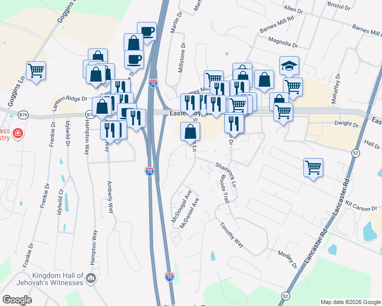 map of restaurants, bars, coffee shops, grocery stores, and more near 144 South Killarney Lane in Richmond