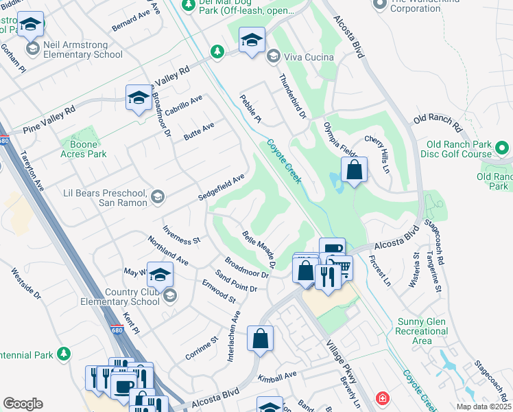 map of restaurants, bars, coffee shops, grocery stores, and more near 126 Medinah Place in San Ramon