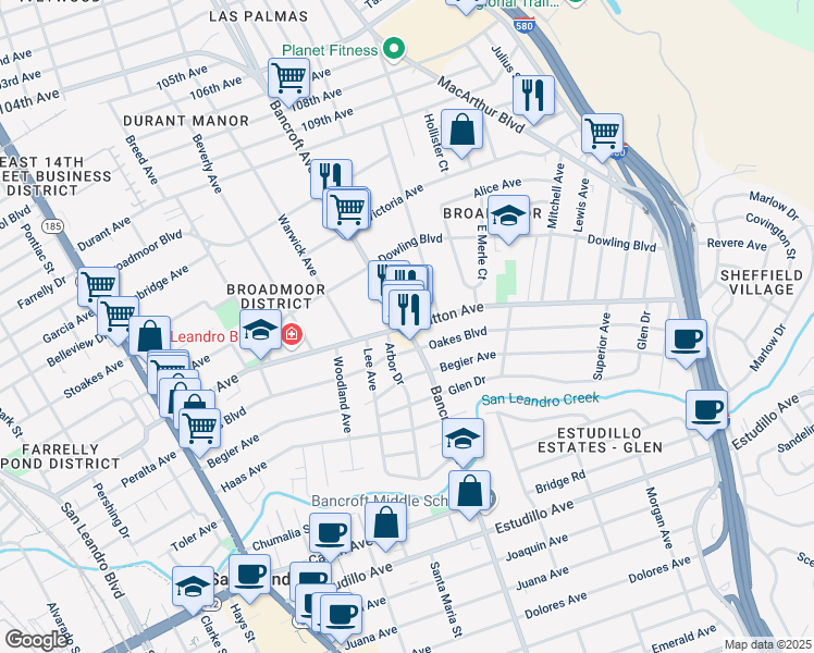 map of restaurants, bars, coffee shops, grocery stores, and more near Bancroft Avenue & Dutton Avenue in San Leandro