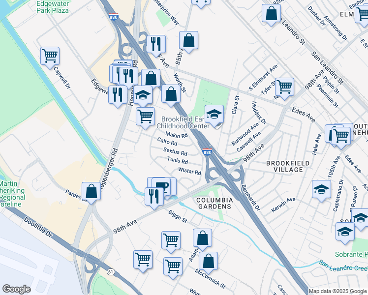 map of restaurants, bars, coffee shops, grocery stores, and more near 278 Cairo Road in Oakland