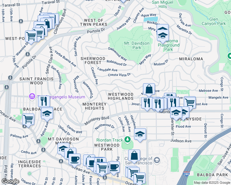 map of restaurants, bars, coffee shops, grocery stores, and more near 125 Brentwood Avenue in San Francisco
