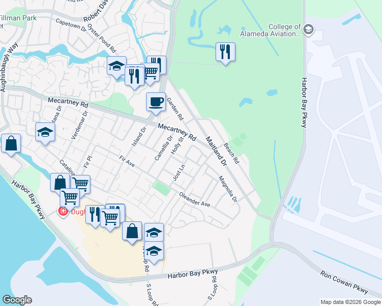 map of restaurants, bars, coffee shops, grocery stores, and more near 1026 Trellis Lane in Alameda