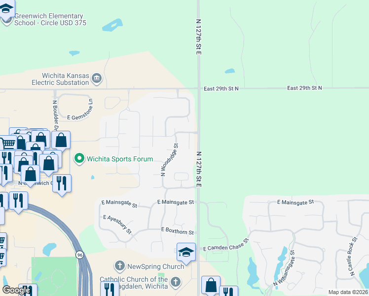 map of restaurants, bars, coffee shops, grocery stores, and more near 2725 N 127th Street East in Wichita